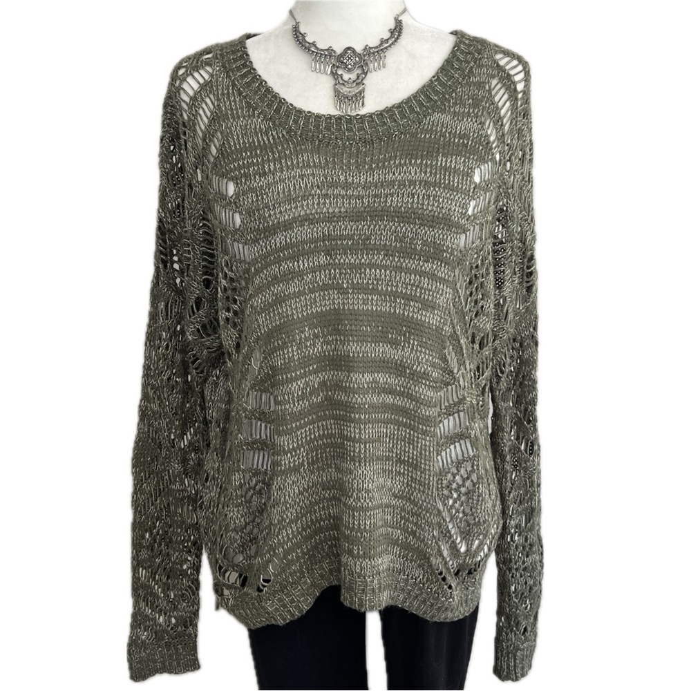 Staring at Stars Sweater Boho Slouchy Open Weave Pullover Olive Green Medium M